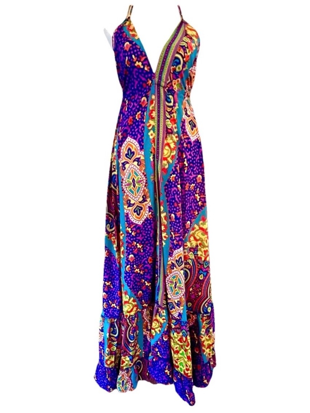Fullah Sugah Bohemian Paisley Print Deep V-Neck Halter Dress Silk/Viscose - Sz L - Picture 4 of 10